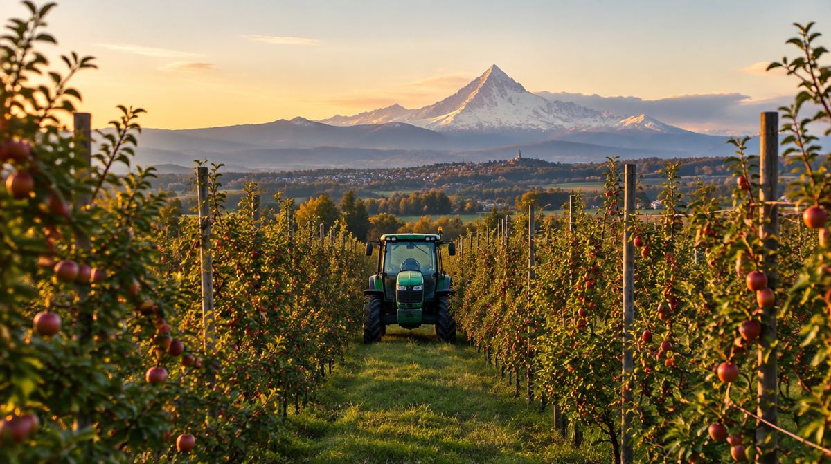 Frutteto con trattore tra i filari e il Monviso sullo sfondo