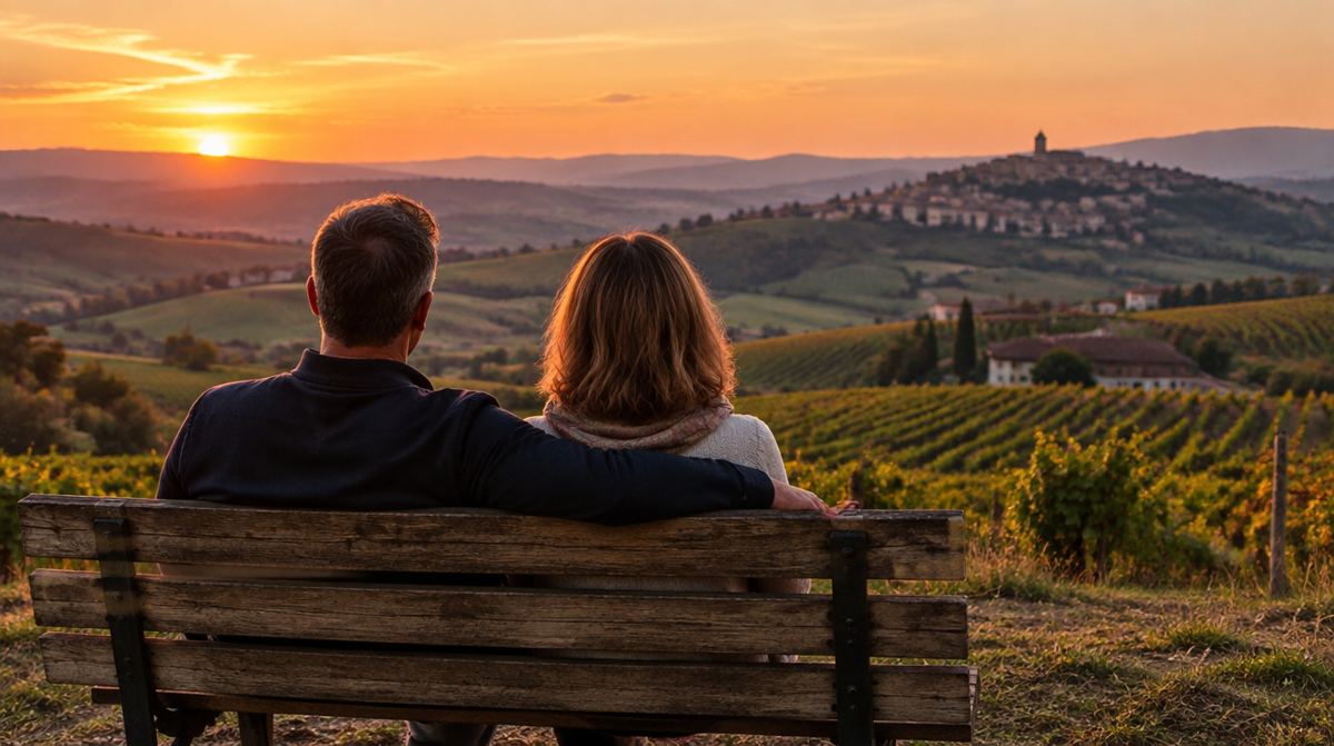 Coppia di spalle su una panchina che guarda le colline al tramonto